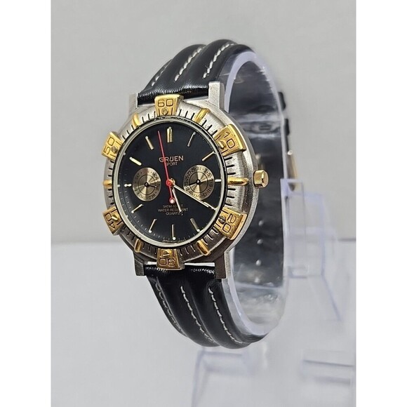 Gruen Sport 3ATM Quartz Black Dial Gold Tone Bezel Two Subdial Watch New Battery - Picture 5 of 11